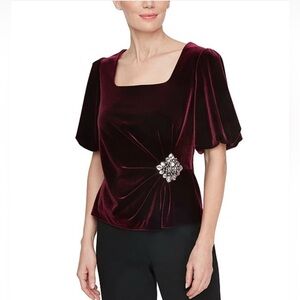 Alex Evenings Sz SP Square Neck Short Puff Sleeve Embellished Waist Velvet Top
